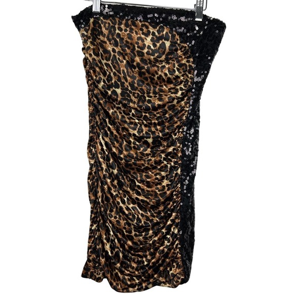 City Triangles Juniors Black Sequin Ruched Strapless Cheetah Party Dress Medium - Picture 1 of 6